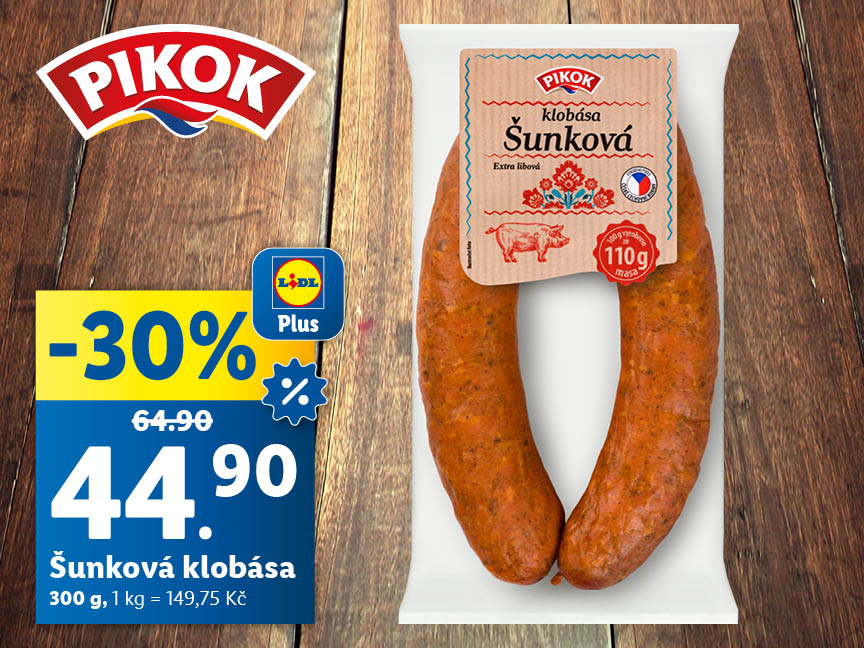 šunková klobása, 300 g za 44,90 Kč, cena za 1 kg je 149,75 Kč