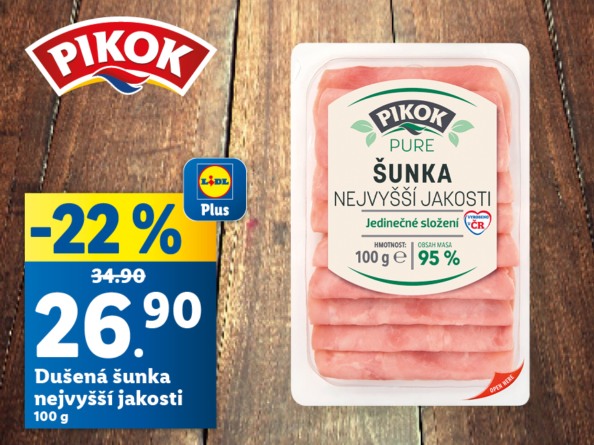Akční nabídka Lidlu: Pikok Pure šunka nejvyšší jakosti se slevou 22%.
