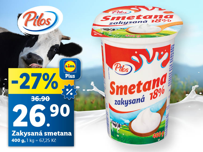 Zakysaná smetana, 400 g, cena se slevou 27 % je 26,90 Kč, původní cena 36,90 Kč