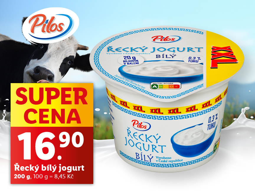 Jogurt řecký bílý Pilos v akci za super cenu 16,90 Kč.