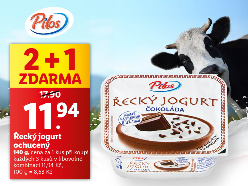 Akční nabídka Pilose: 2+1 zdarma na řecký jogurt s čokoládou.