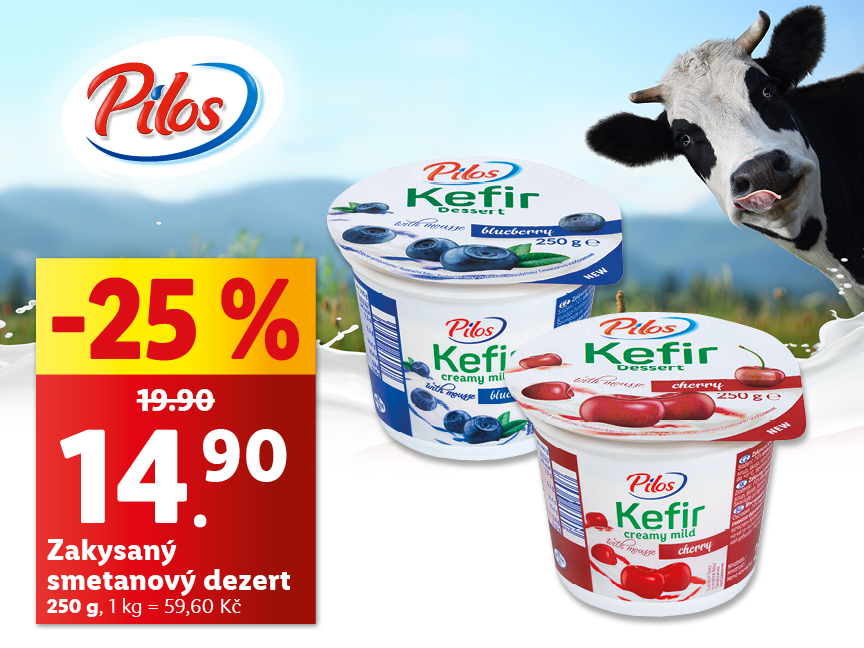 Sleva 25% na Pilose Kefir dezerty s borůvkami a višněmi.