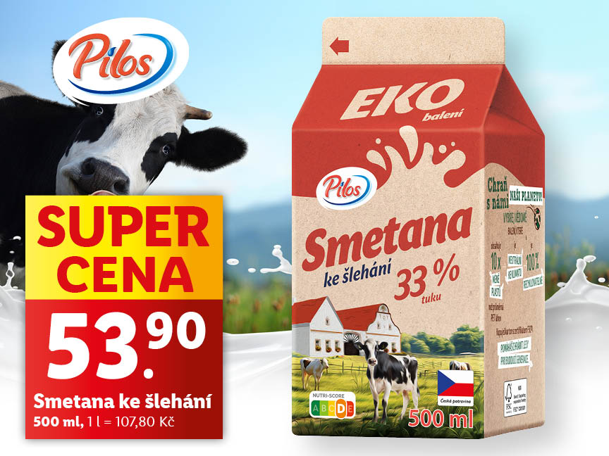 Reklama na smetanu ke šlehání Pilos s krávou a obalem produktu.