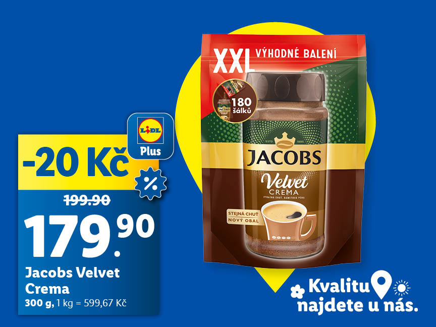 Káva Jacobs Velvet Crema, 300 g, cena s aplikací Lidl Plus 179,90 Kč