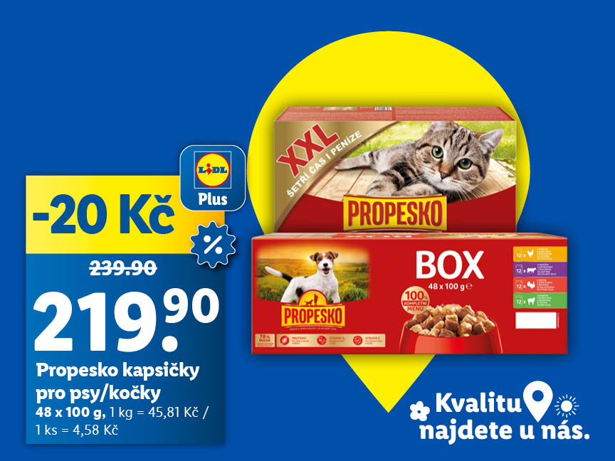 Akční nabídka krmiva Propesko pro psy a kočky od Lidlu.