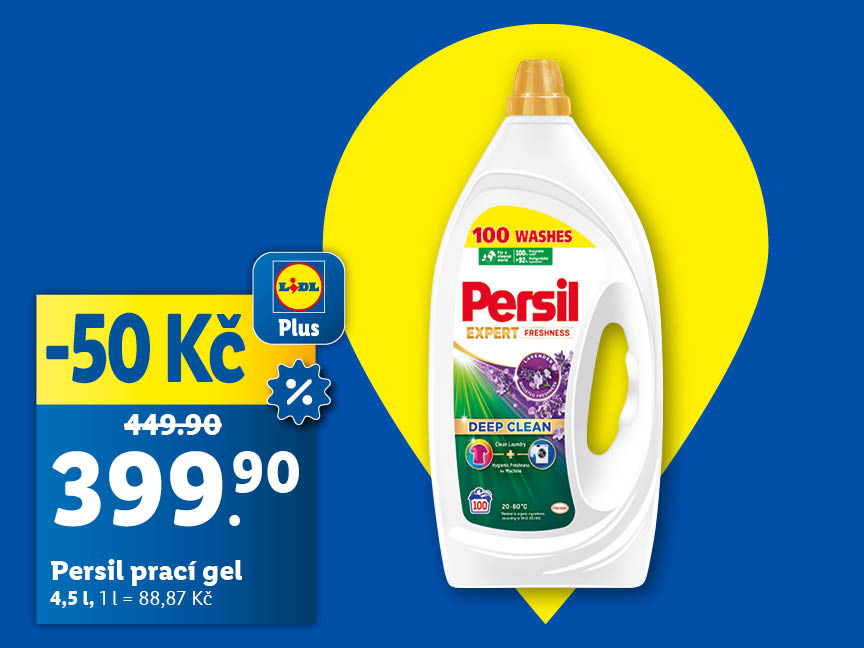 Reklama na prací gel Persil s cenou 399,90 Kč a slevou 50 Kč.