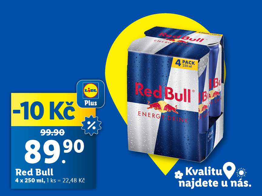 Akční nabídka Red Bullu v Lidlu: 4x 250ml za 89,90 Kč.