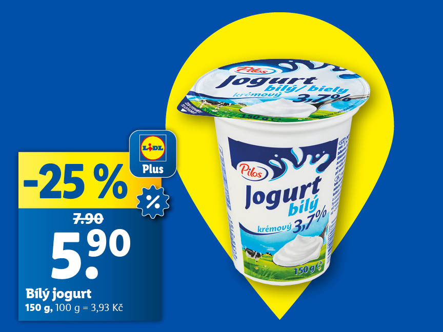 Reklama na bílý jogurt Pilos z Lidlu se slevou 25 %.