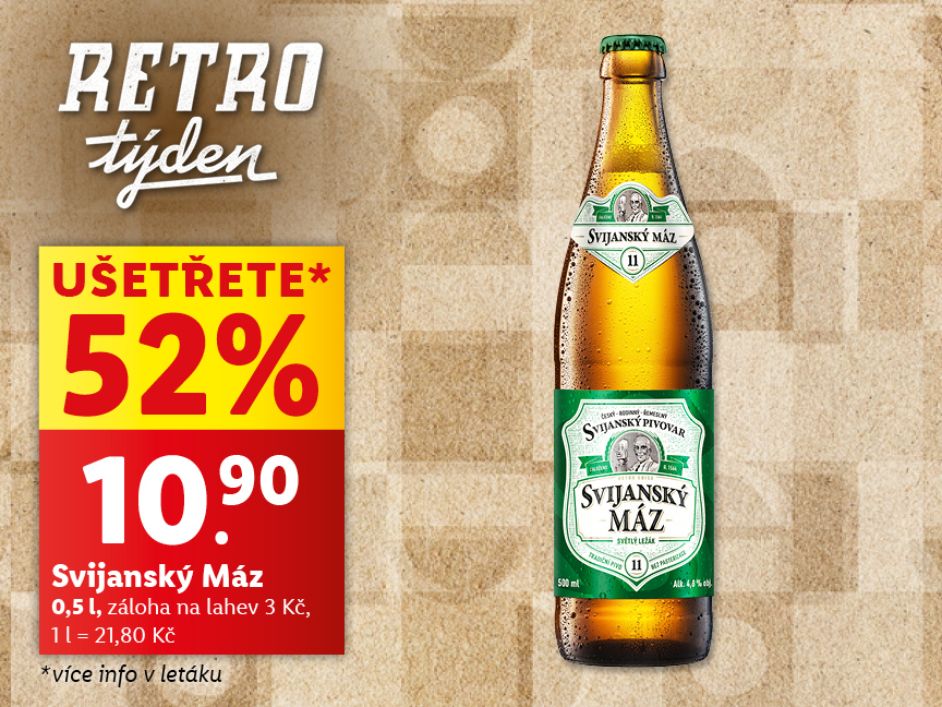 Retro týdenní nabídka piva Svijanský Máz s 52% slevou.