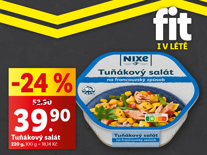 Reklama na tuňákový salát Nixe s 24% slevou, nyní za 39,90 Kč.