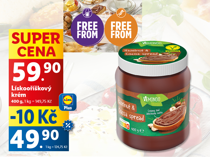 Akční nabídka na lískooříškový krém Vemondo (400g) za 49,90 Kč.