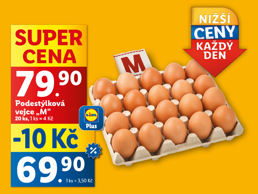 Lidl Plus nabízí 20 podestýlkových vajec velikosti M za 69,90 Kč.