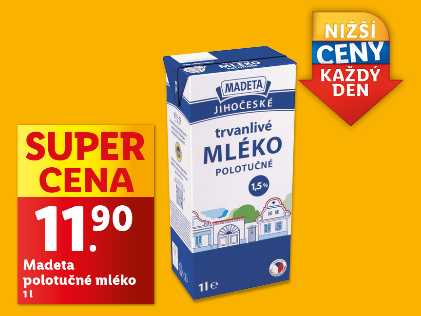 Akční nabídka na 1l polotučného mléka Madeta za 11,90 Kč.