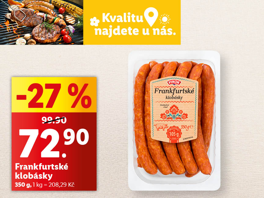 Frankfurtské klobásky, 350 g za 72,90 Kč. Cena za jeden kilogram je 208,29 Kč