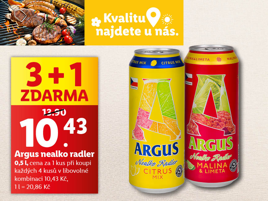 Argus nealko radler, 0,5 l, cena za 1 ks při koupi každých 4 ks v libovolné kombinaci je 10,43 Kč