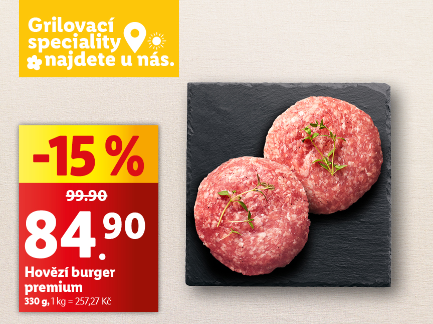 Dva hovězí burgery premium v akci se slevou 15%.