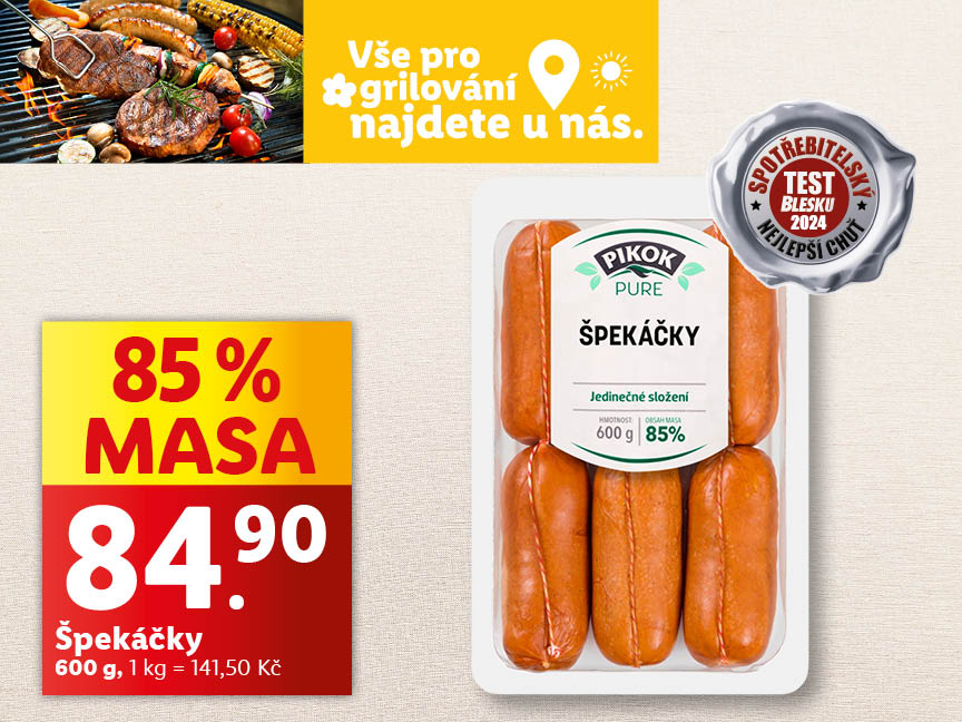 Reklama na grilování s klobásami Pikok a cenou.