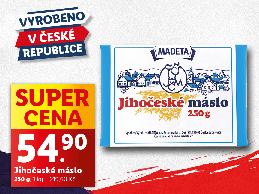 Akční nabídka másla Jihočeské máslo 250g od Madeta za 54,90 Kč.