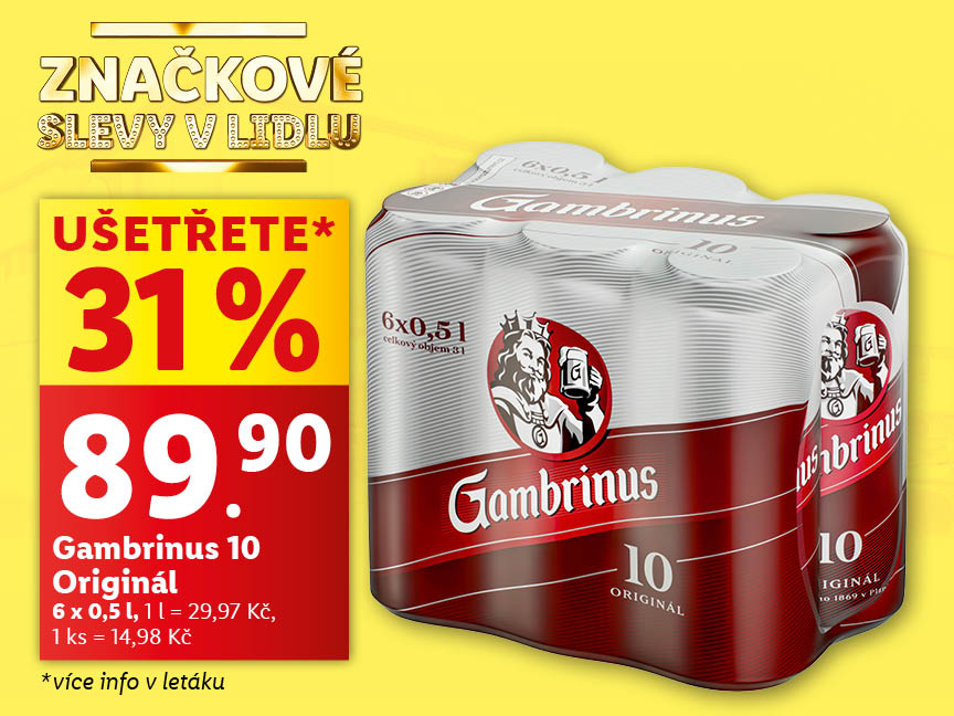 Šestibalení Gambrinus 10 Originál v Lidlu se slevou 31%.