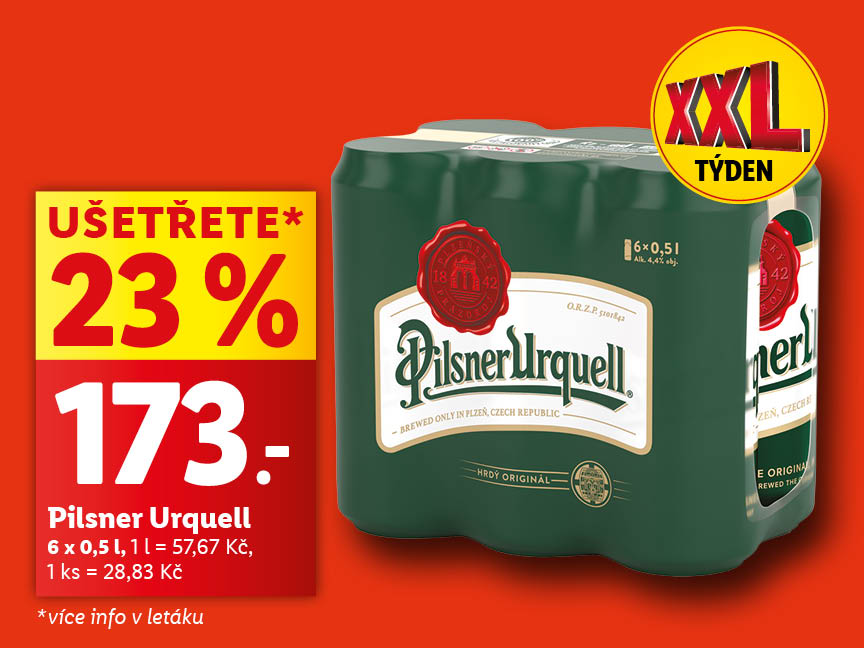 Reklama na Pilsner Urquell v balení 6x0,5l s 23% slevou za 173 Kč.