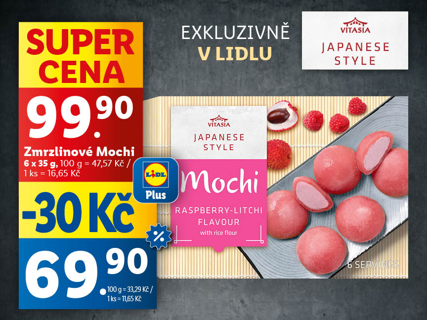 Zmrzlinové Mochi, 6 x 35 g za 99,90 Kč. Cena s aplikací LidlPlus 69,90 Kč