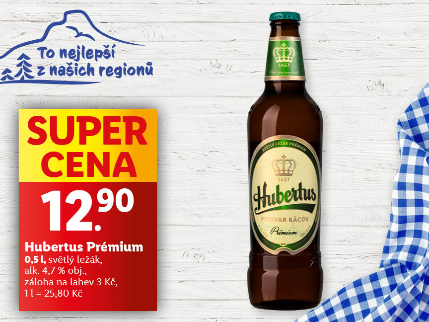 Hubertus Prémium, 0,5 l za super cenu 12,90 Kč, alk. 4,7 % obj.