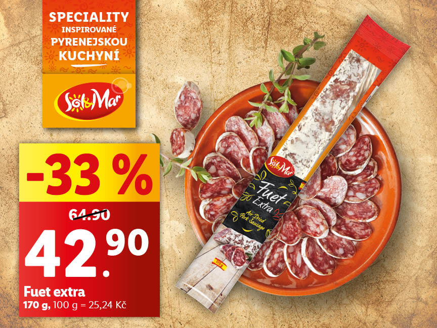 Sleva 33% na šunku Fuet Extra od Sol&Mar, inspirovanou pyrenejskou kuchyní.