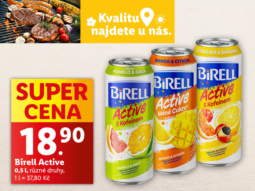 Akční nabídka nápojů Birell Active s kofeinem v příchutích pomelo & grep, mango & citron a citrus mix & guarana za 18,90.