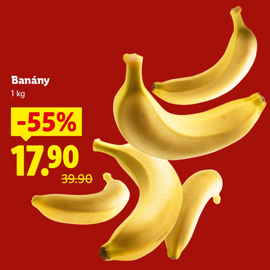 Banány, 1 kg, sleva 55 %, cena 17.90 (původně 39.90)