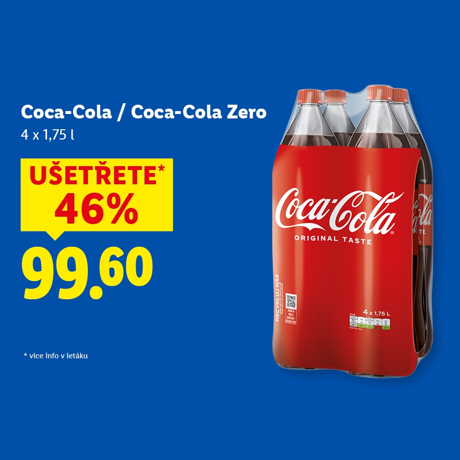 Coca-Cola nebo Coca-Cola Zero, 4x 1,75 l, sleva 46 %, cena 99.60