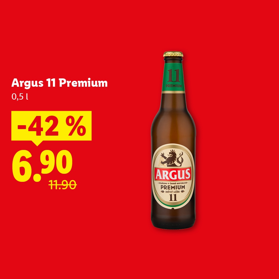 Láhev piva Argus 11 Premium 0,5 l se slevou 42 %, nyní za 6,90.