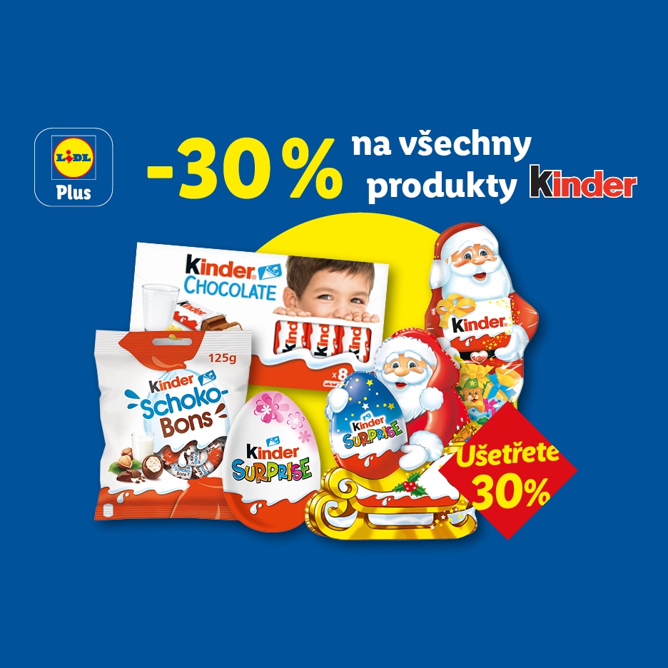 Lidl Plus: Sleva 30 % na všechny produkty Kinder, včetně čokolády, Schoko-Bons a Kinder Surprise.