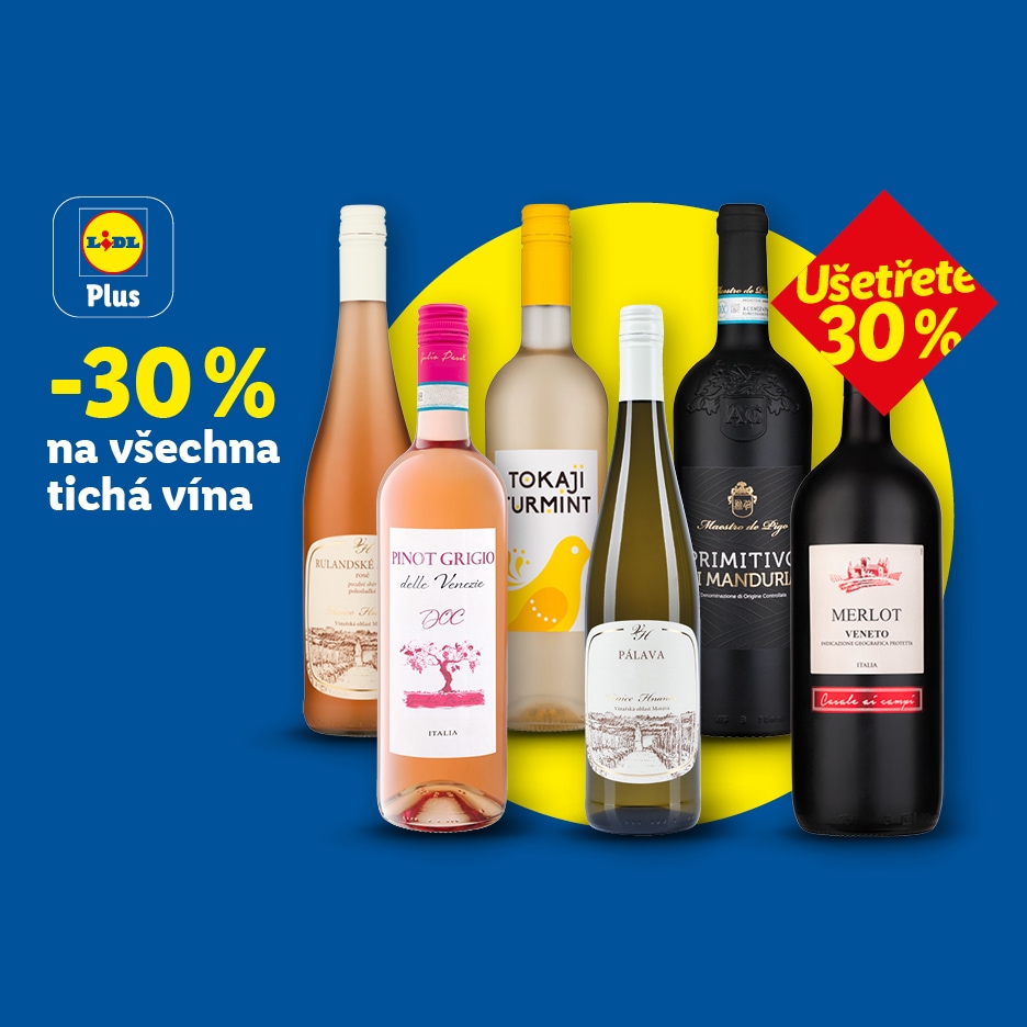 Lidl Plus: Sleva 30 % na všechna tichá vína, včetně Pinot Grigio, Tokaji Furmint a Merlot.