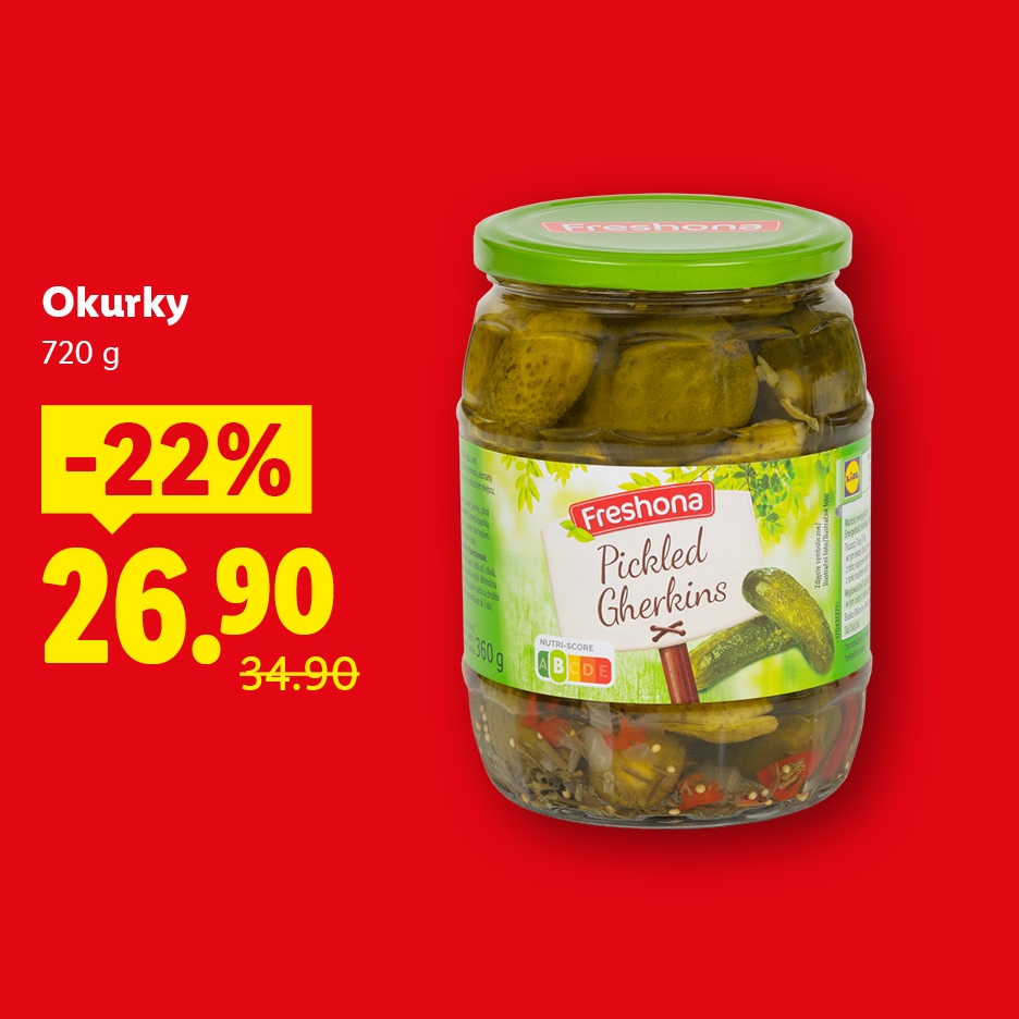 Freshona nakládané okurky ve sklenici, s 22% slevou za 26.90.
