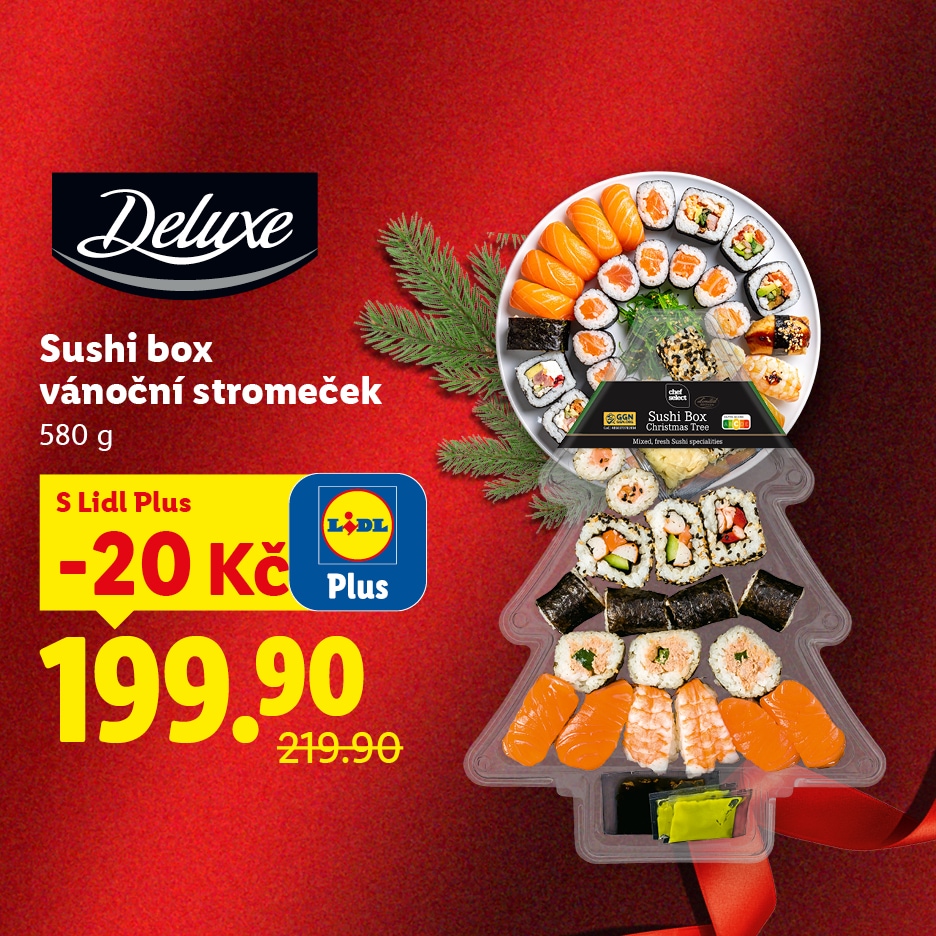 Lidl Deluxe sushi box ve tvaru vánočního stromku s akční cenou.