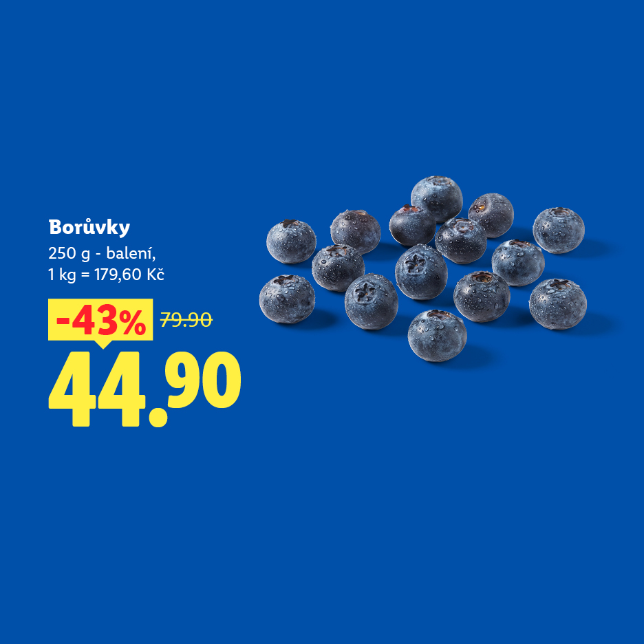 Borůvky 250g, balení, 43% sleva, nyní za 44.90 Kč.