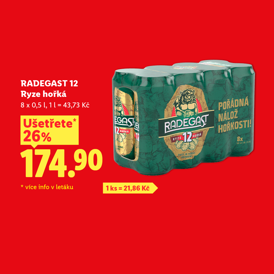 Balení osmi plechovek piva s nápisem 'Pořádná nálož hořkosti!' a cenou 174.90 Kč.