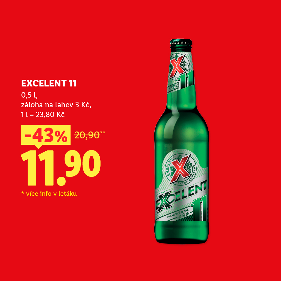 Zelená láhev piva s červeným štítkem, cena 11,90 Kč, sleva 43 %.