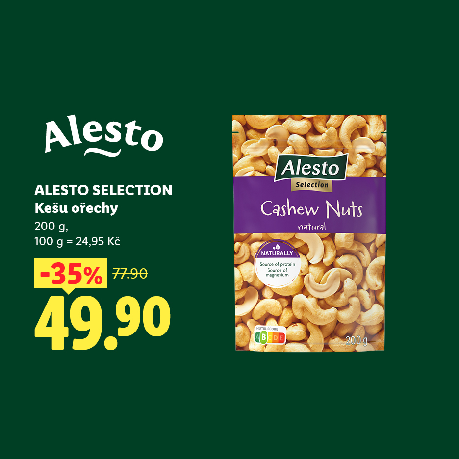 Balení kešu ořechů s informacemi o slevě a ceně.