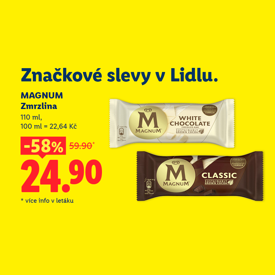 Reklama na zmrzlinu s bílou a klasickou čokoládou, s výraznou slevou 58 %.