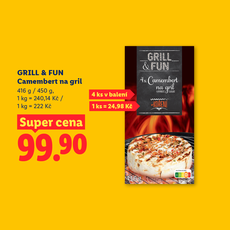 Grilovaný camembert v balení po 4 kusech s kořením, cena 99,90 Kč.
