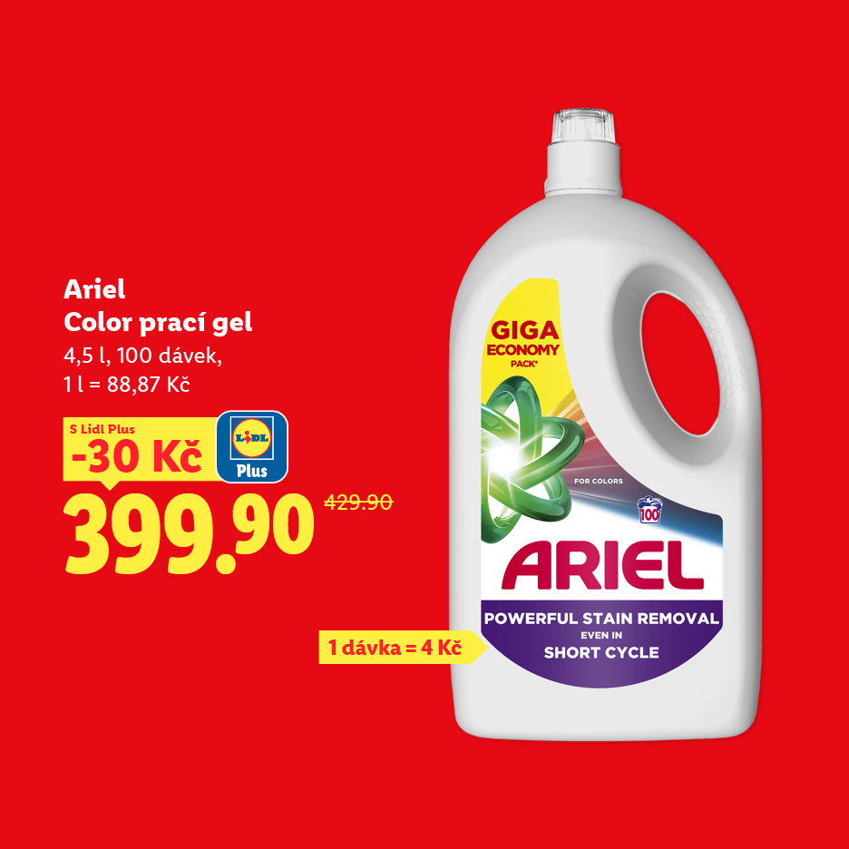 Prací gel na barevné prádlo v giga balení, 4,5 l, 100 dávek, za akční cenu 399,90 Kč.