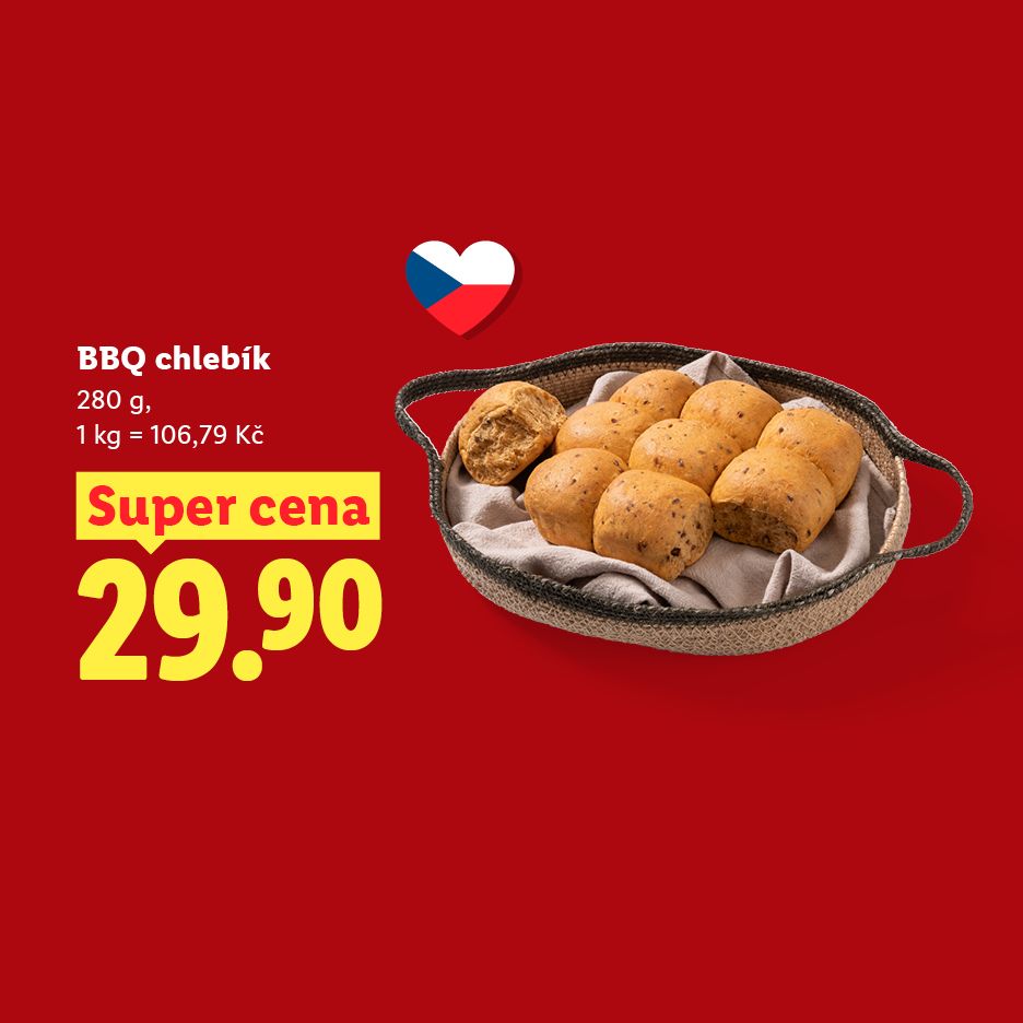 BBQ chlebíčky v košíku, se srdcem s českou vlajkou a cenou 29,90 Kč.