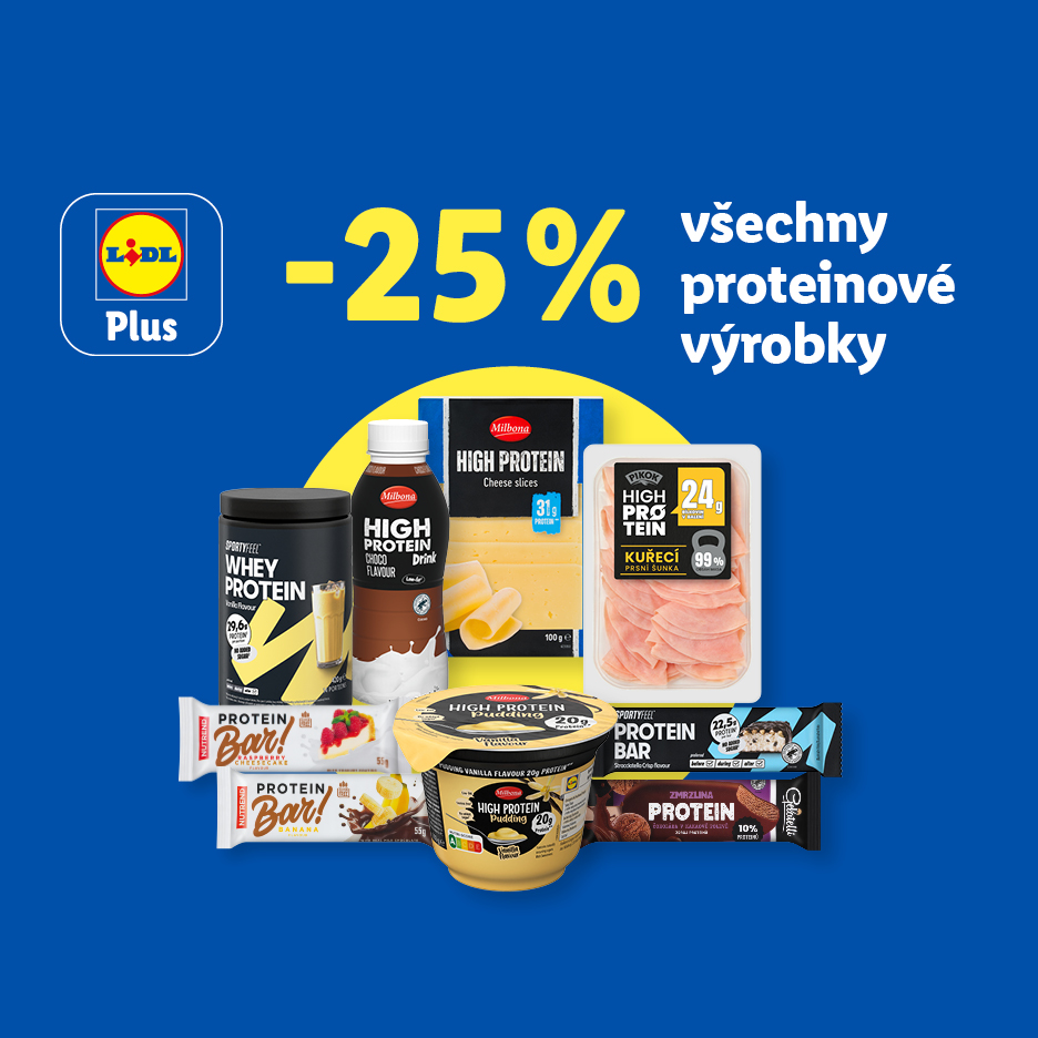 Sleva 25 % na všechny proteinové výrobky, včetně sýrů, nápojů, pudinků, tyčinek a šunky.