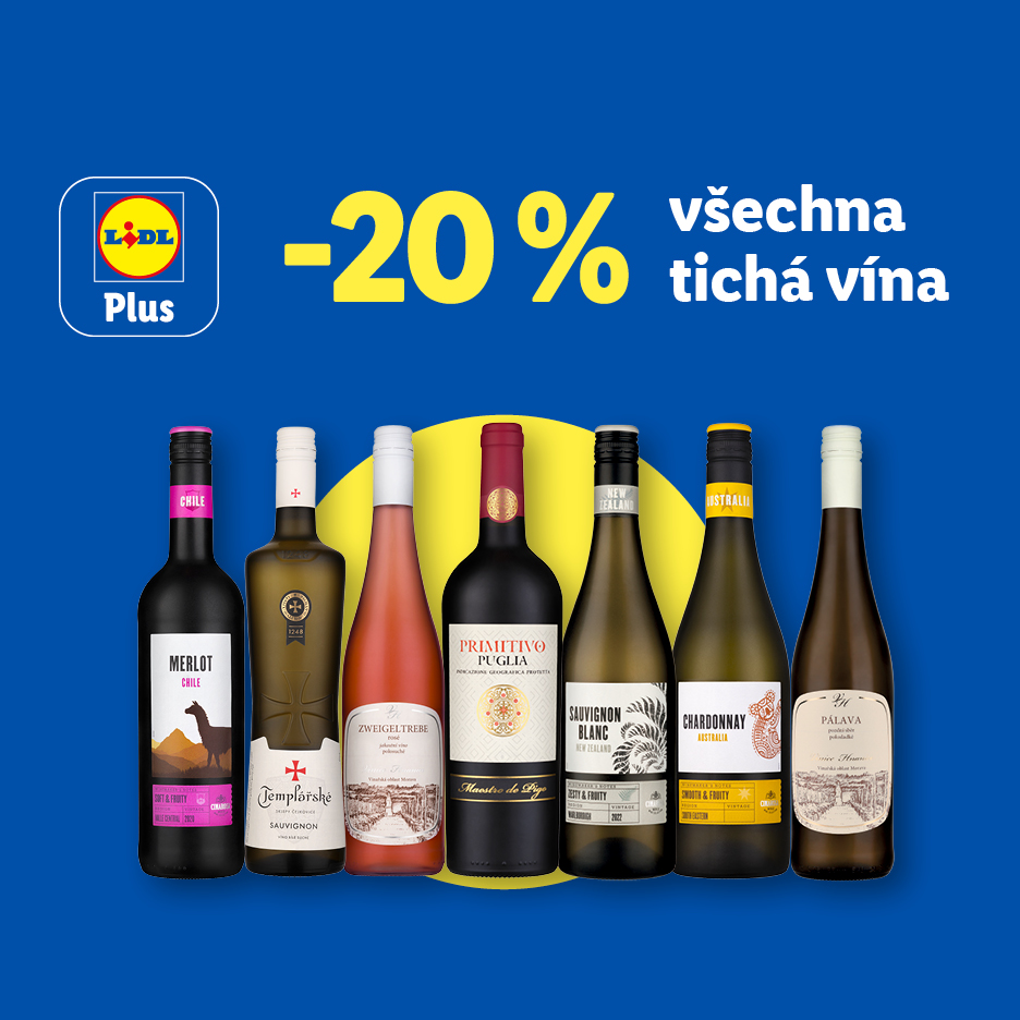 Lidl Plus: Sleva 20 % na všechna tichá vína, s výběrem červených, bílých a růžových vín.