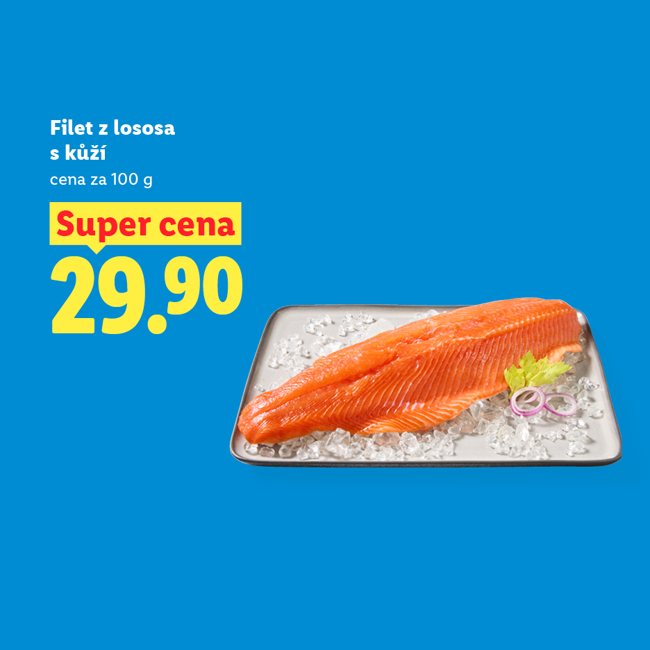 Lososový filet s kůží na ledu, cena 29.90 za 100 g.
