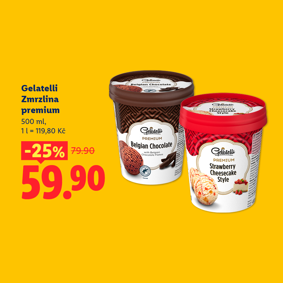 Dva kelímky prémiové zmrzliny, belgická čokoláda a jahodový cheesecake, se slevou 25 %.