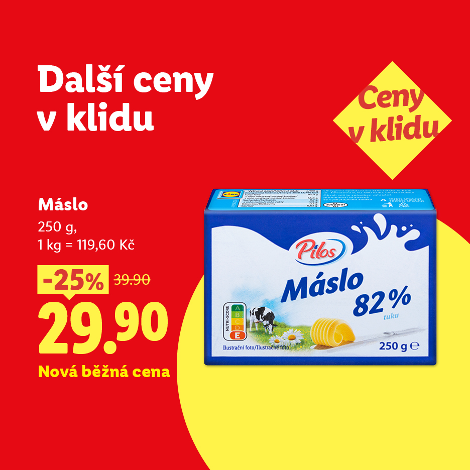 Akční nabídka másla s 25% slevou, nová cena 29,90 Kč.