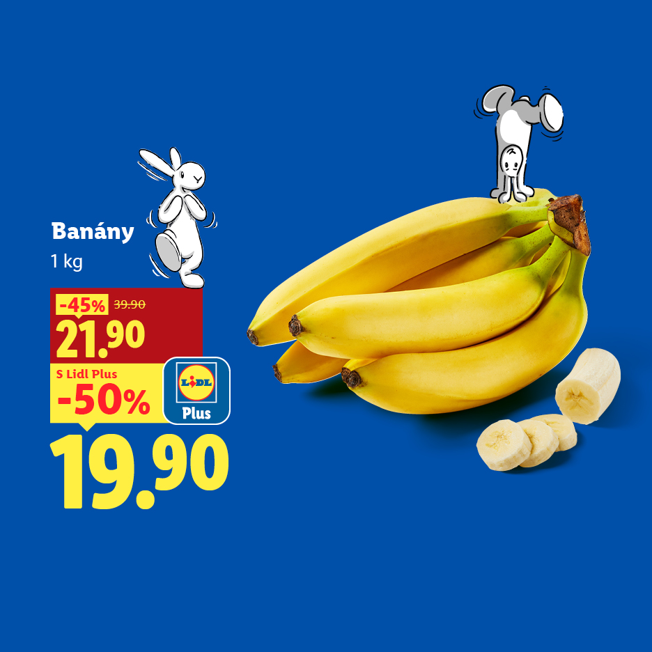 Banány s cenovkou a slevou, doplněné kreslenými postavičkami.