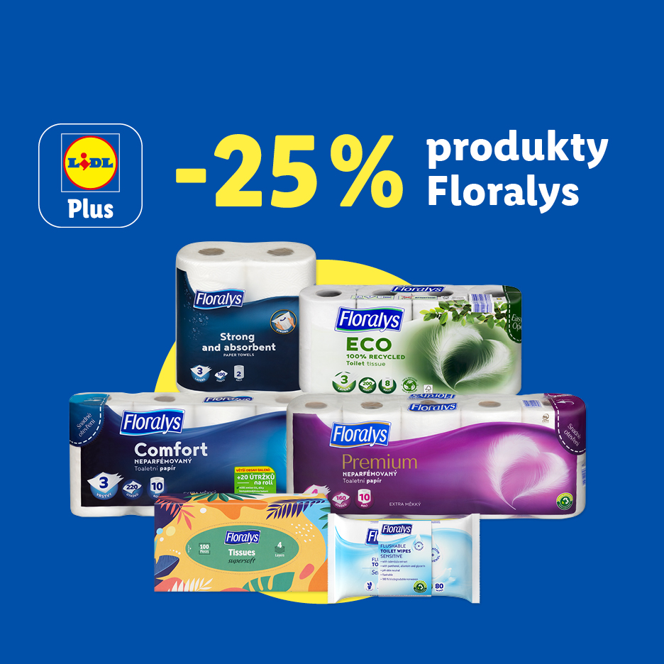 Propagační obrázek s 25% slevou na různé papírové výrobky, včetně toaletního papíru, papírových utěrek a vlhčených ubrousků.